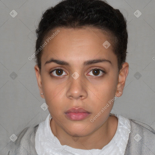 Neutral white young-adult female with short  brown hair and brown eyes