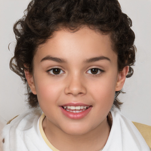 Joyful white child female with medium  brown hair and brown eyes