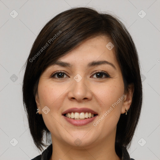 Joyful white young-adult female with medium  brown hair and brown eyes