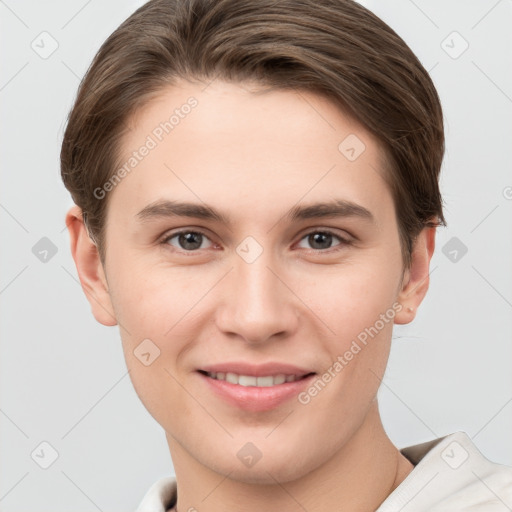 Joyful white young-adult female with short  brown hair and brown eyes