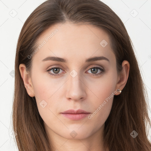 Neutral white young-adult female with long  brown hair and grey eyes