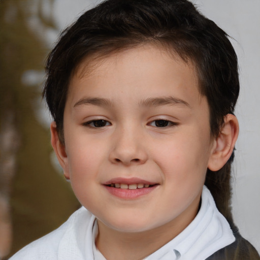 Joyful white child female with short  brown hair and brown eyes