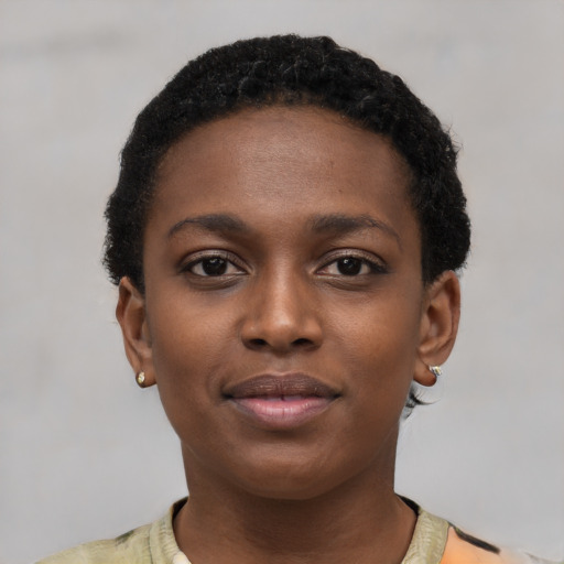 Neutral black young-adult female with short  black hair and brown eyes