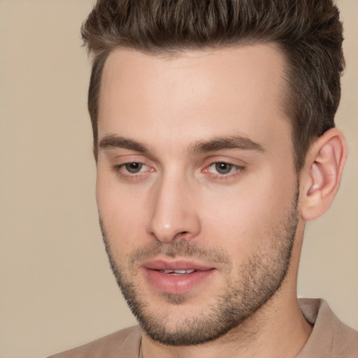 Neutral white young-adult male with short  brown hair and brown eyes