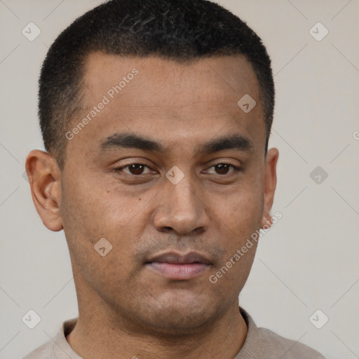 Neutral latino young-adult male with short  brown hair and brown eyes