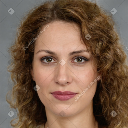 Joyful white young-adult female with long  brown hair and green eyes