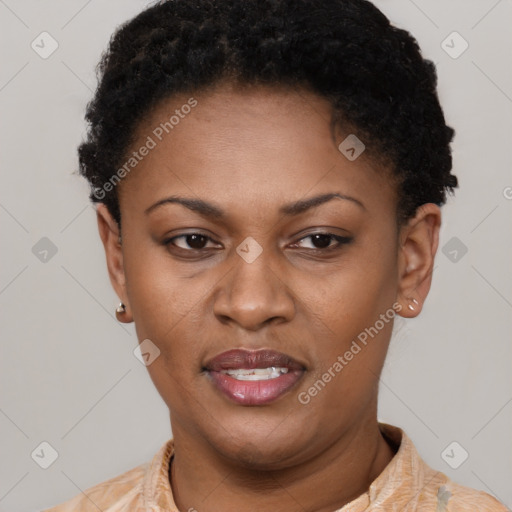 Joyful latino adult female with short  brown hair and brown eyes