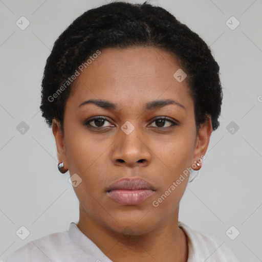 Neutral black young-adult female with short  black hair and brown eyes