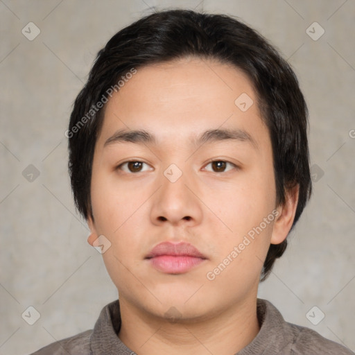 Neutral asian young-adult male with short  black hair and brown eyes