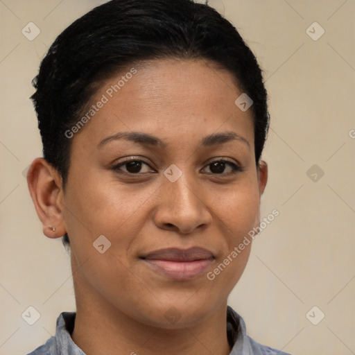 Joyful latino young-adult female with short  brown hair and brown eyes