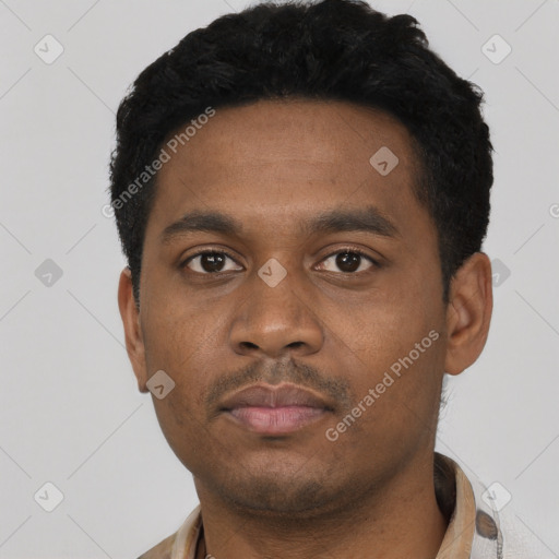 Neutral latino young-adult male with short  black hair and brown eyes
