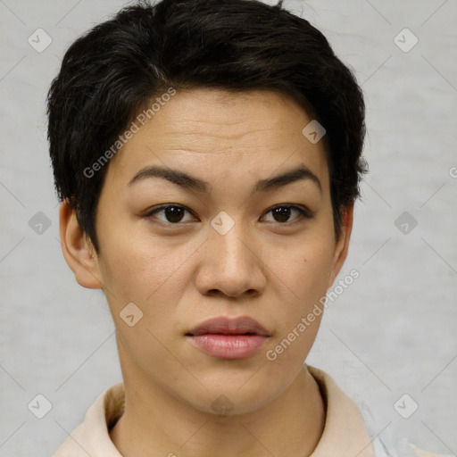 Joyful asian young-adult female with short  brown hair and brown eyes