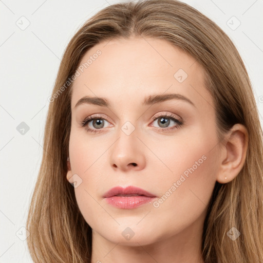 Neutral white young-adult female with long  brown hair and grey eyes