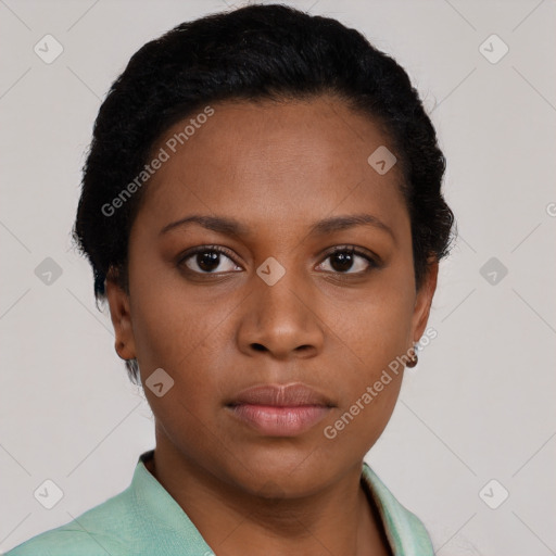 Neutral black young-adult female with short  black hair and brown eyes