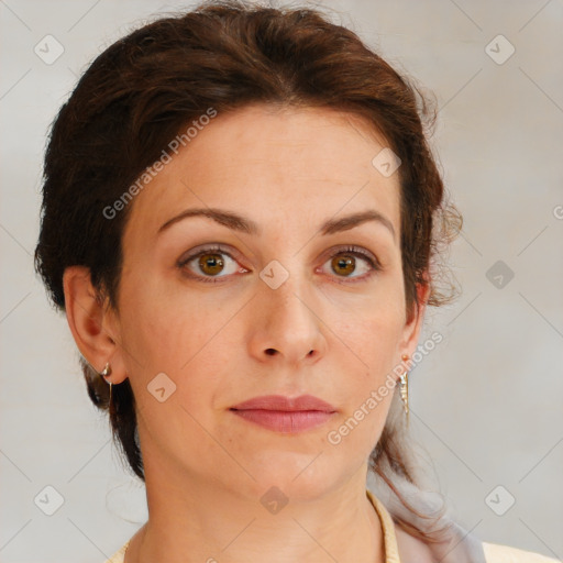 Neutral white young-adult female with short  brown hair and brown eyes