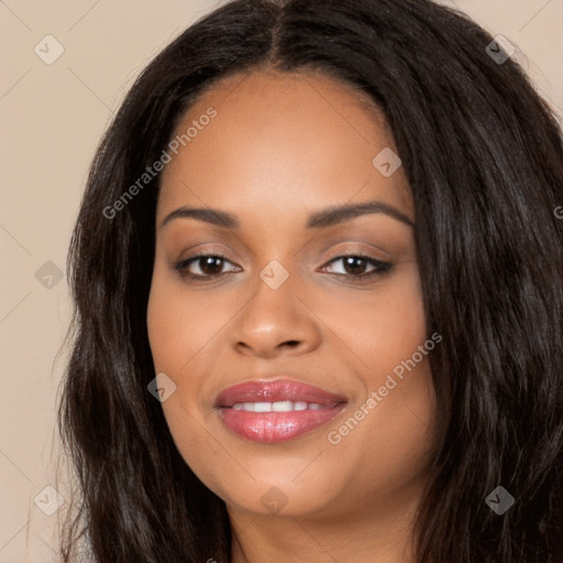 Joyful latino young-adult female with long  black hair and brown eyes