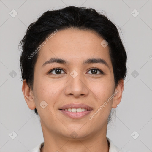 Joyful asian young-adult female with short  brown hair and brown eyes