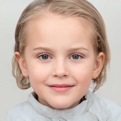 Joyful white child female with medium  brown hair and blue eyes