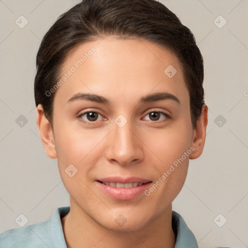 Joyful white young-adult female with short  brown hair and brown eyes