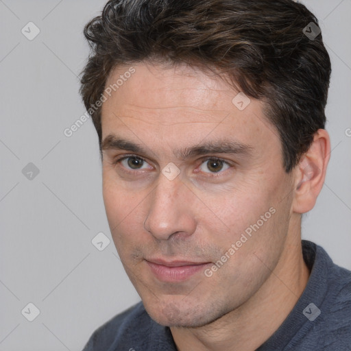 Neutral white adult male with short  brown hair and brown eyes