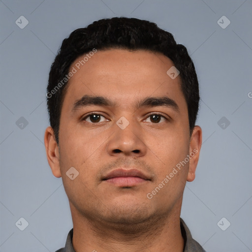 Neutral latino young-adult male with short  black hair and brown eyes