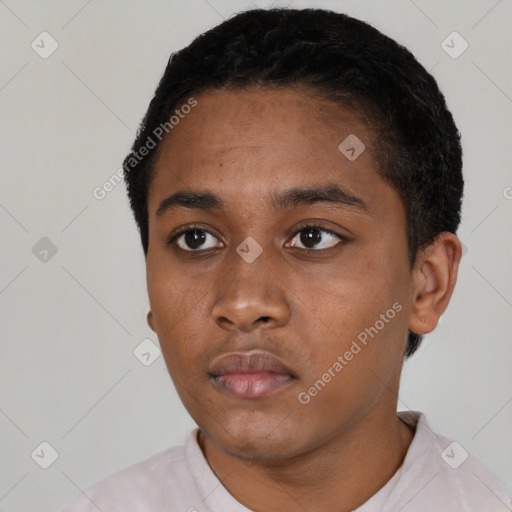 Neutral black young-adult male with short  black hair and brown eyes