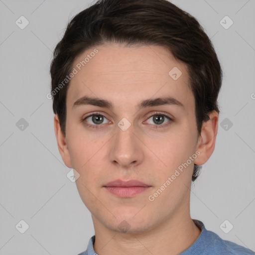 Neutral white young-adult male with short  brown hair and brown eyes