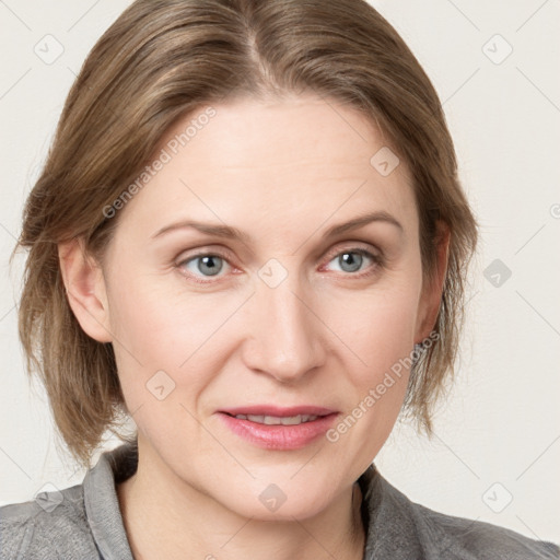 Joyful white young-adult female with medium  brown hair and blue eyes