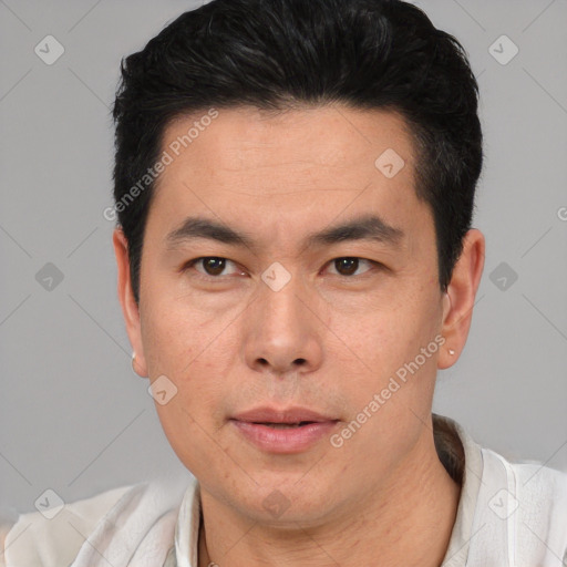 Neutral asian young-adult male with short  black hair and brown eyes