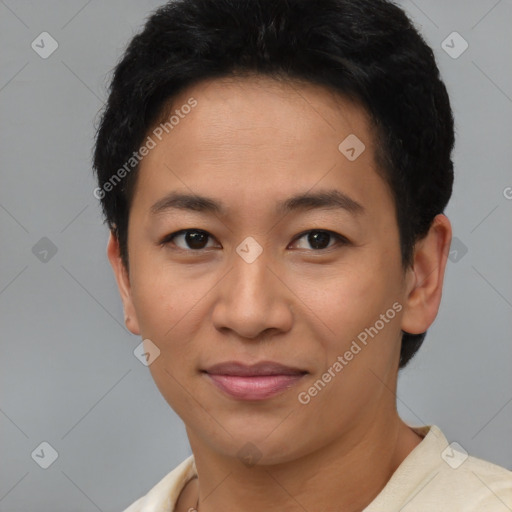 Joyful latino young-adult female with short  brown hair and brown eyes