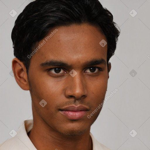 Neutral latino young-adult male with short  brown hair and brown eyes