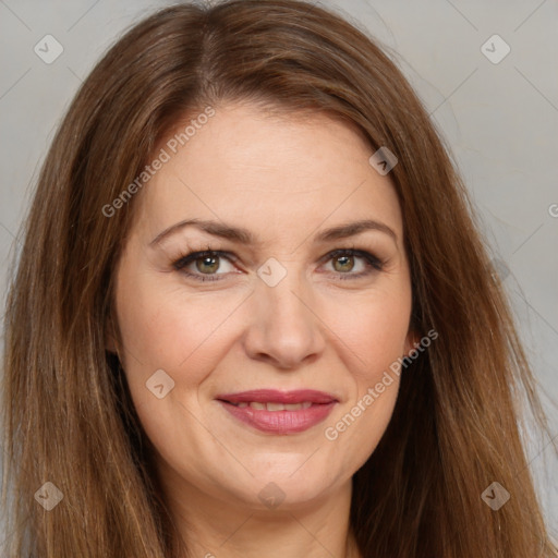 Joyful white young-adult female with long  brown hair and green eyes