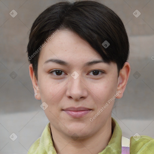 Joyful white young-adult female with short  brown hair and brown eyes