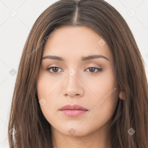 Neutral asian young-adult female with long  brown hair and brown eyes