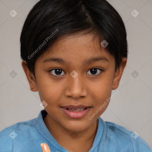 Joyful white child female with short  brown hair and brown eyes