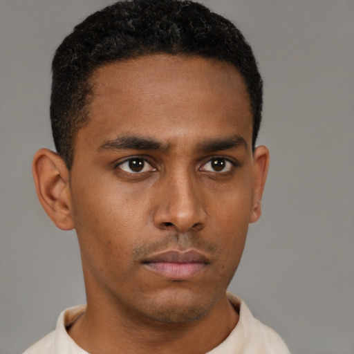 Neutral black young-adult male with short  brown hair and brown eyes