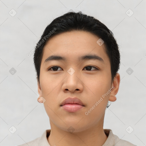 Neutral asian young-adult male with short  black hair and brown eyes