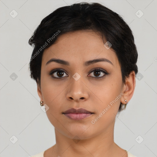 Neutral latino young-adult female with short  black hair and brown eyes