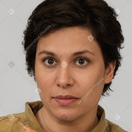 Neutral white young-adult female with short  brown hair and brown eyes