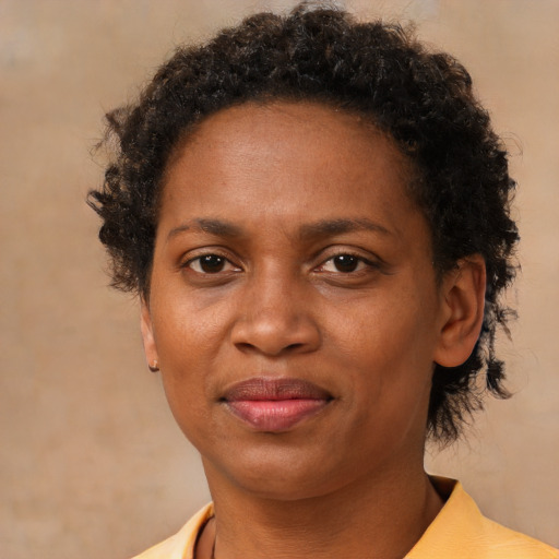 Joyful black adult female with short  brown hair and brown eyes