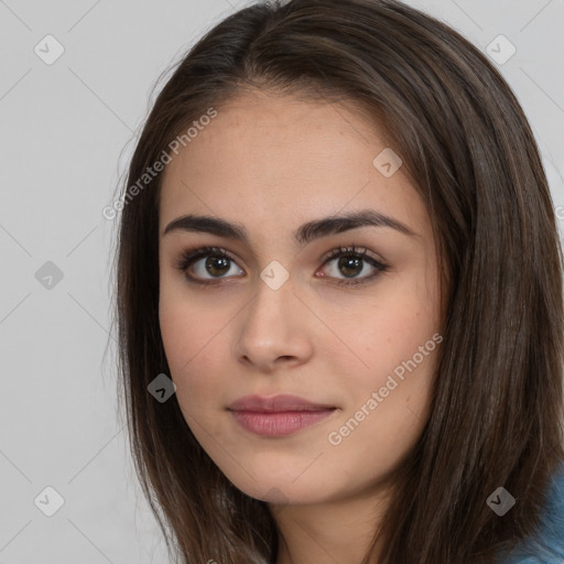 Neutral white young-adult female with long  brown hair and brown eyes