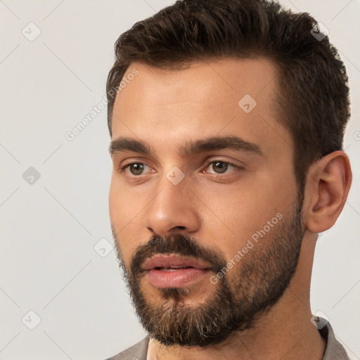 Neutral white young-adult male with short  brown hair and brown eyes