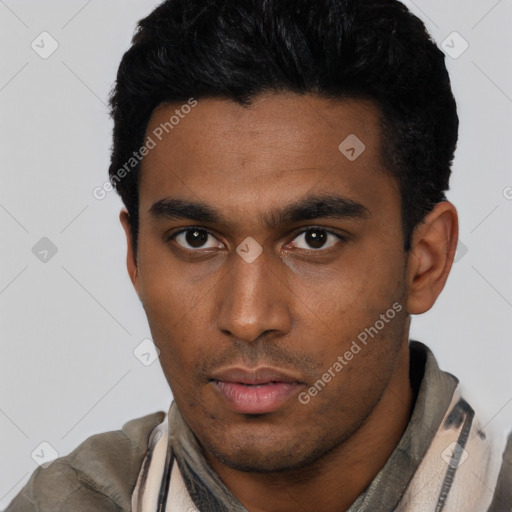 Neutral latino young-adult male with short  black hair and brown eyes