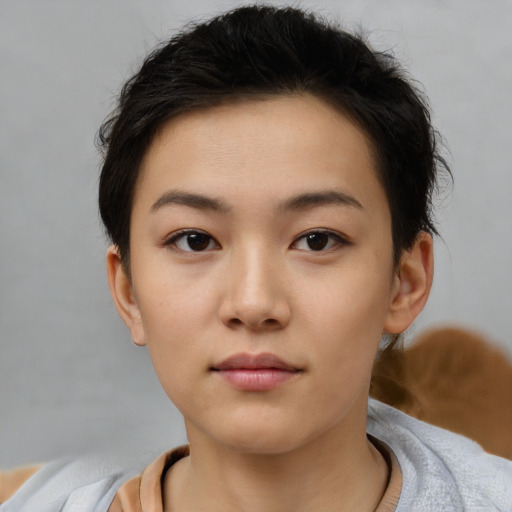 Neutral white young-adult female with short  brown hair and brown eyes