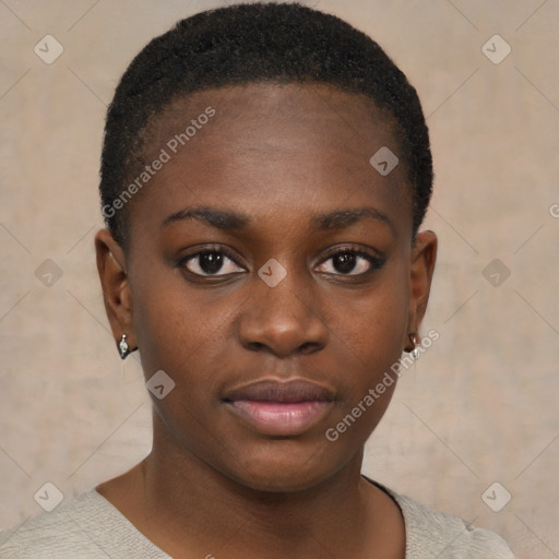 Neutral black young-adult female with short  brown hair and brown eyes