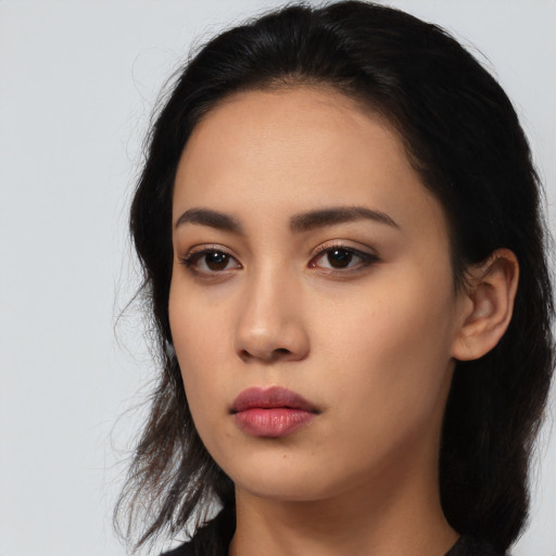 Neutral asian young-adult female with long  black hair and brown eyes