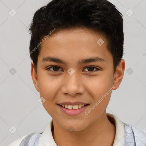 Joyful latino young-adult male with short  brown hair and brown eyes