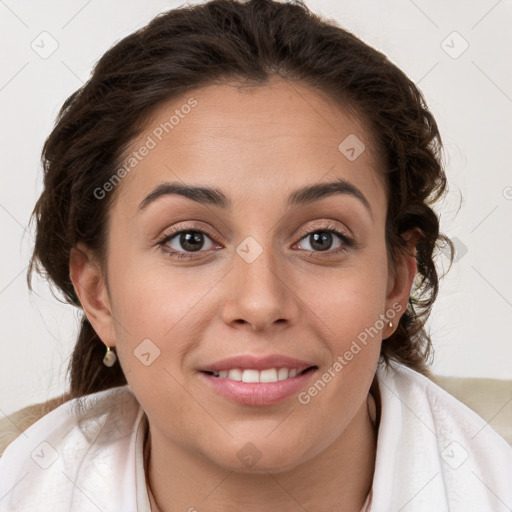 Joyful white young-adult female with medium  brown hair and blue eyes