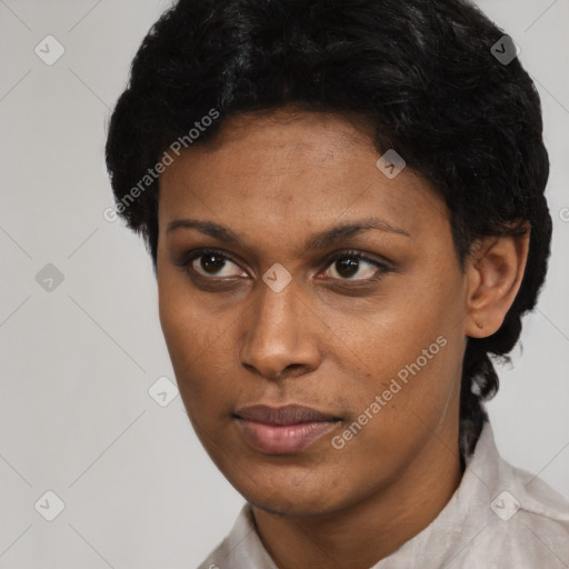 Neutral black young-adult female with short  black hair and brown eyes