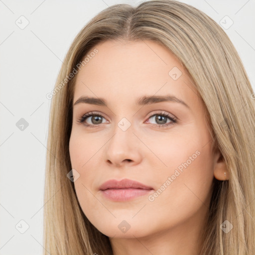 Neutral white young-adult female with long  brown hair and brown eyes